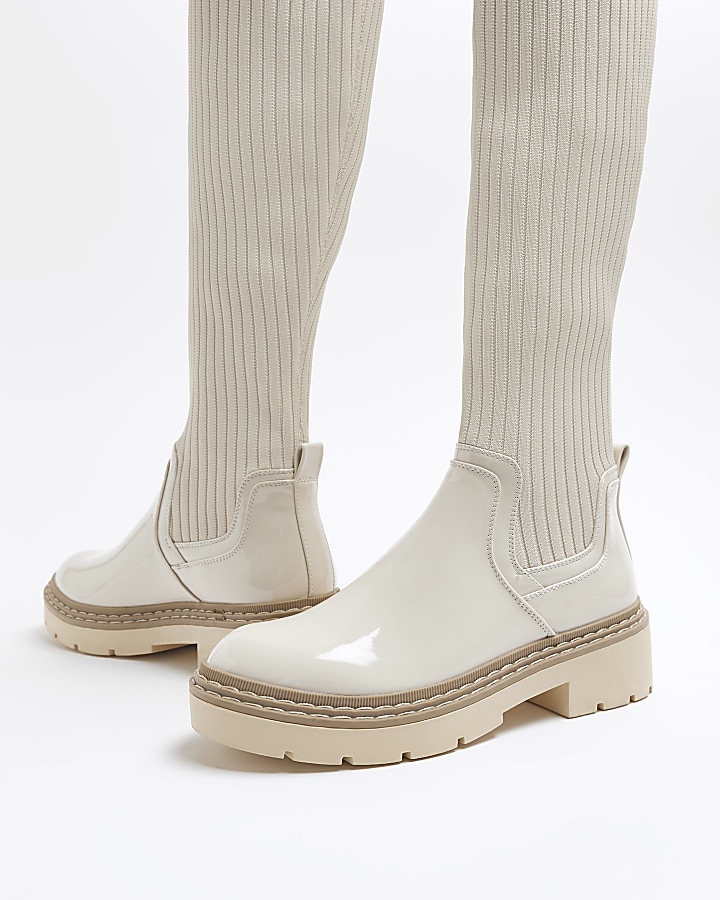 Cream knitted high leg boots River Island
