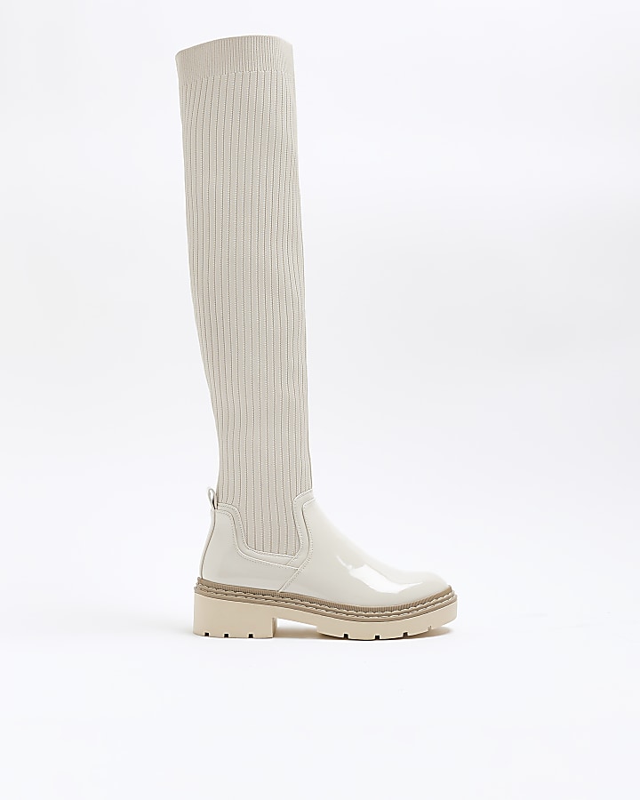 Cream knitted high leg boots