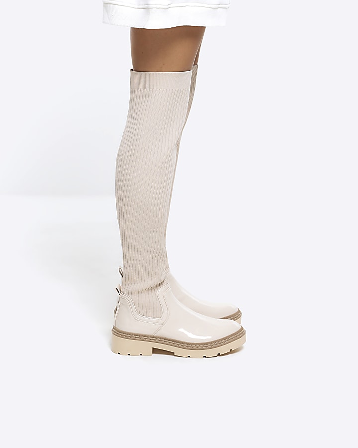 Cream knitted high leg boots River Island