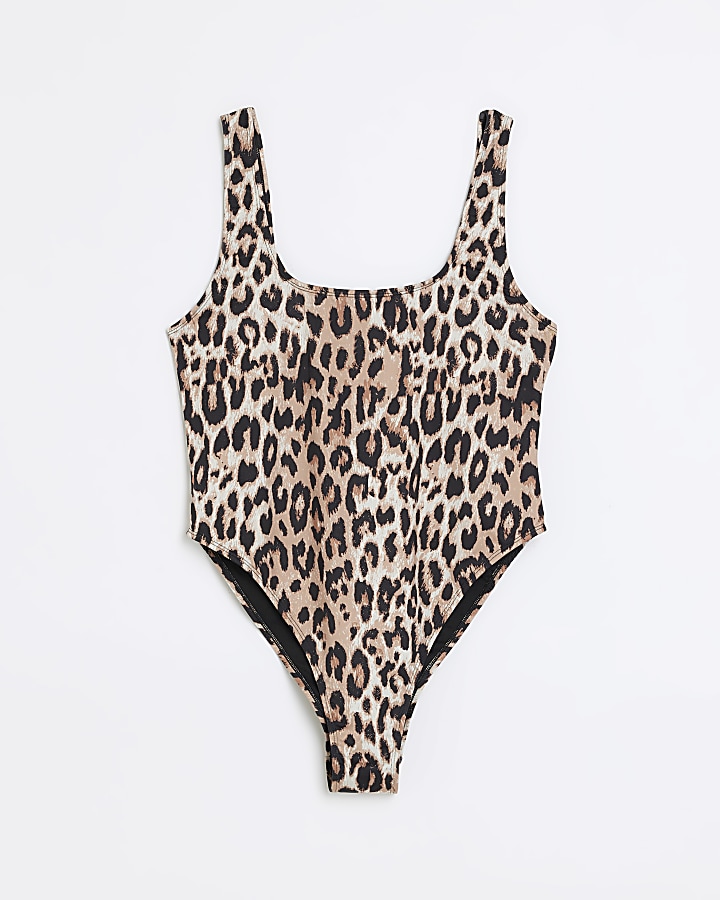 Brown leopard print scoop swimsuit