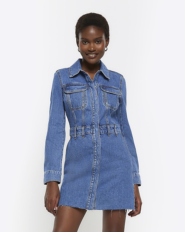 Blue denim long sleeve mini shirt dress | River Island
