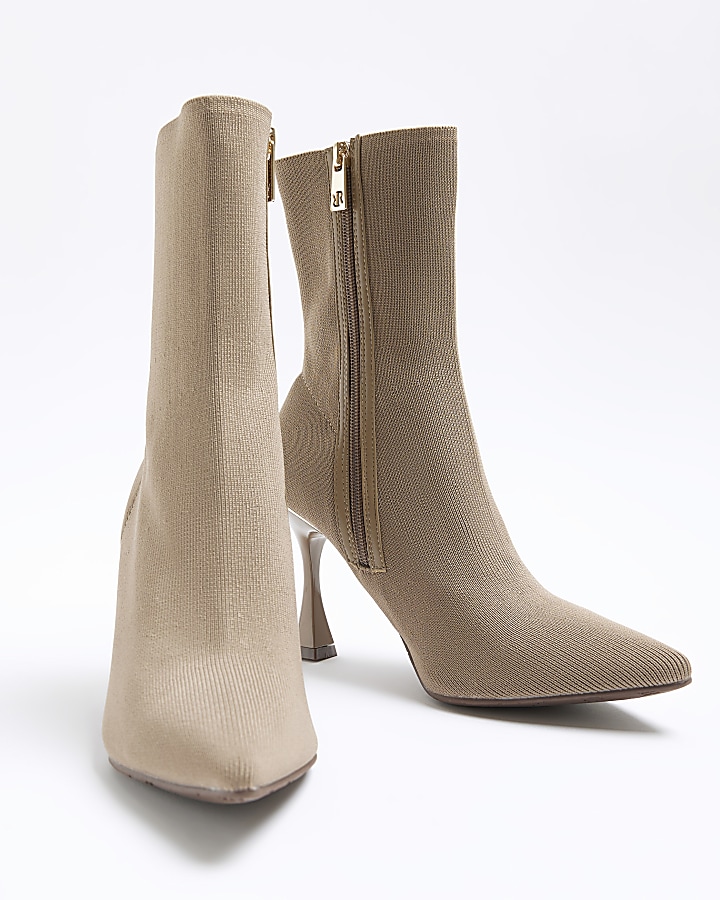 Beige wide fit knit heeled ankle boots