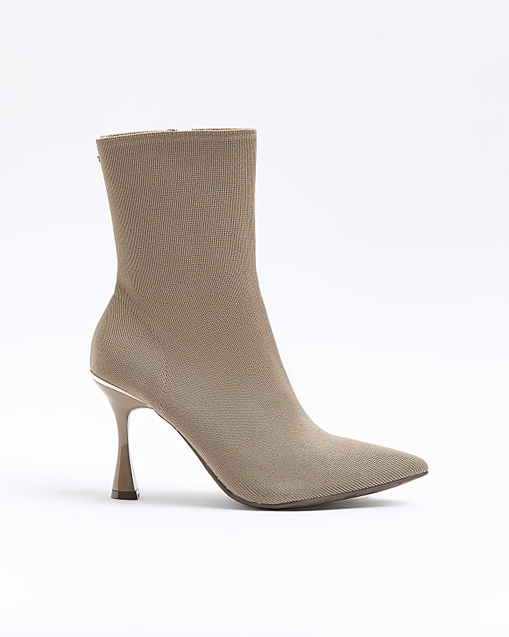 Beige wide fit knit heeled ankle boots