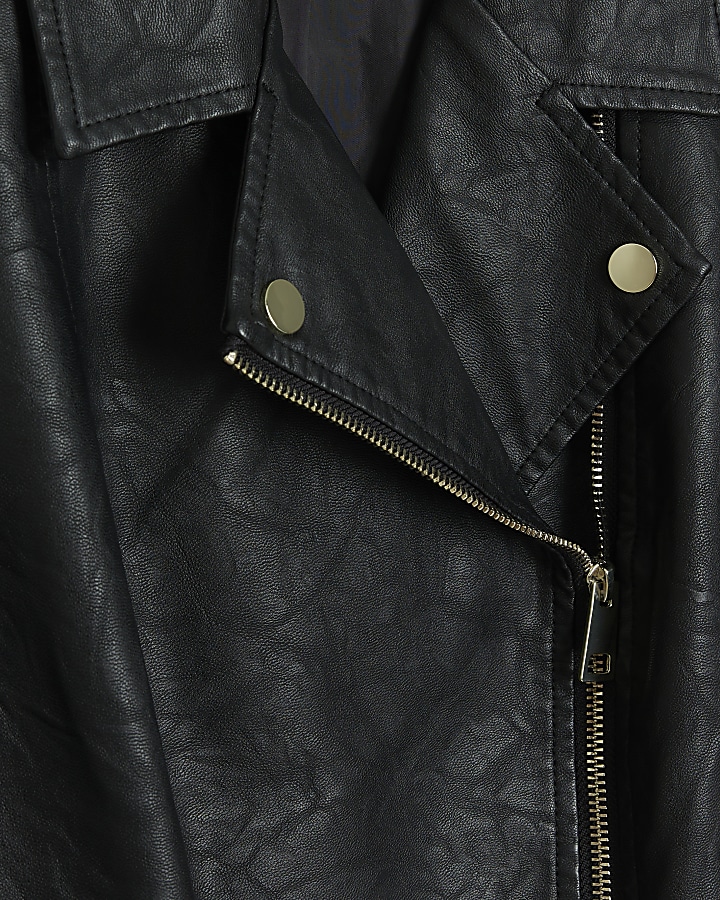 Black faux leather belted biker jacket