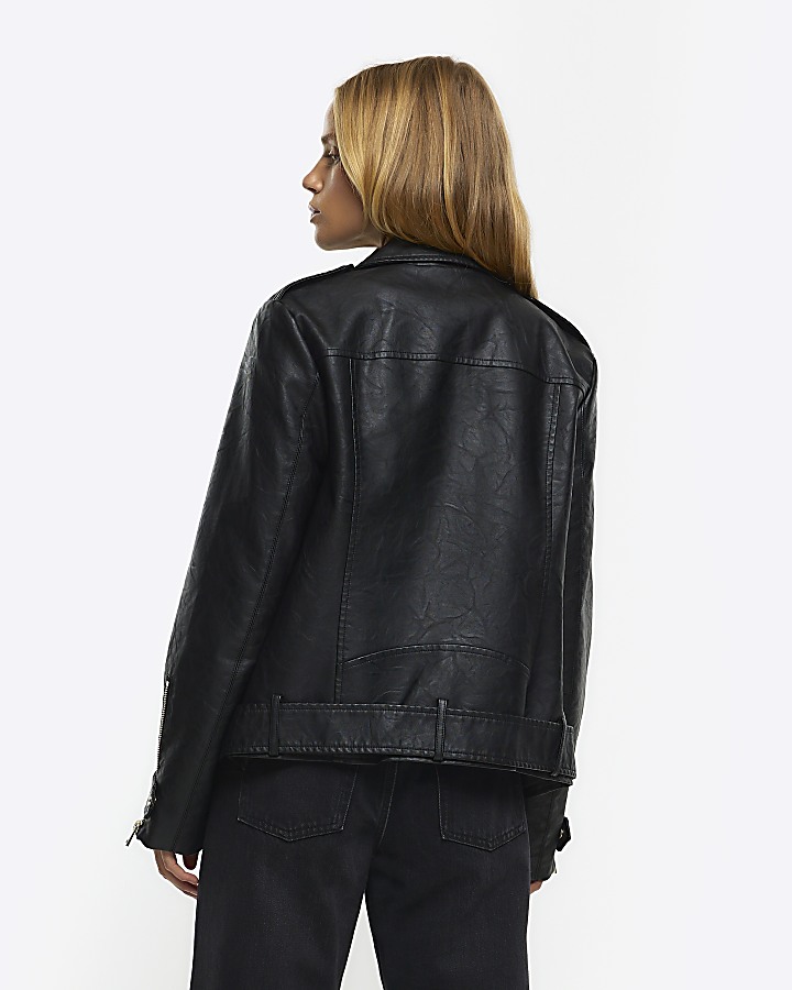 Black faux leather belted biker jacket | River Island