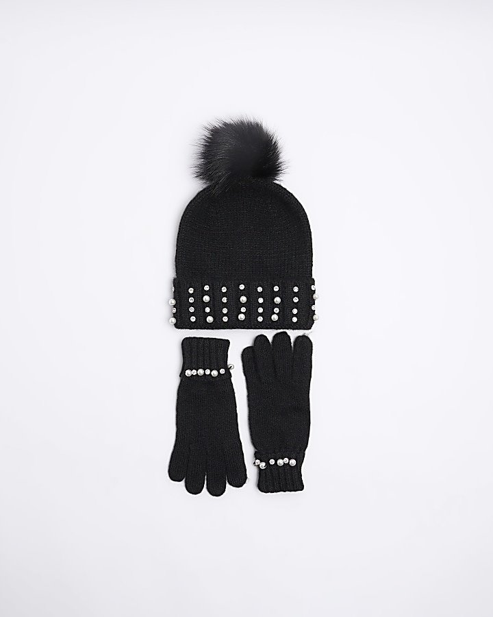 Black pearl hat and gloves gift set