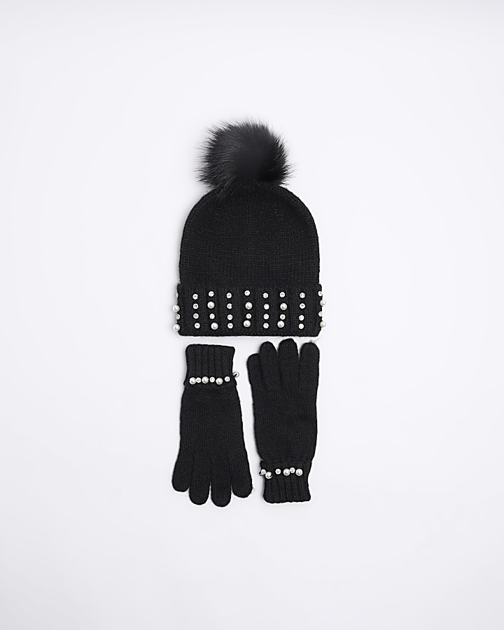 Black pearl hat and gloves gift set River Island