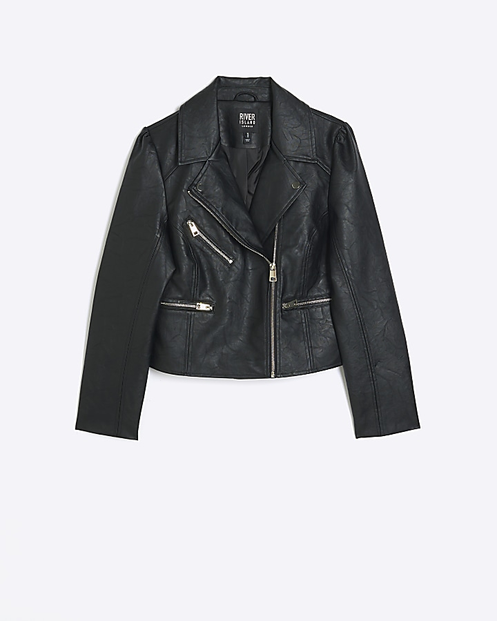 Black faux leather puff sleeve biker jacket