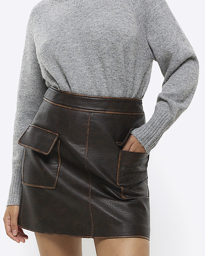 Brown faux leather distressed mini skirt