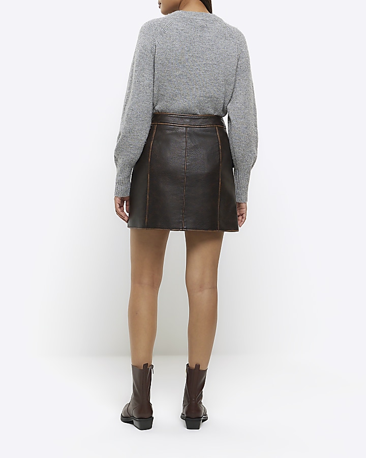 Brown faux leather distressed mini skirt