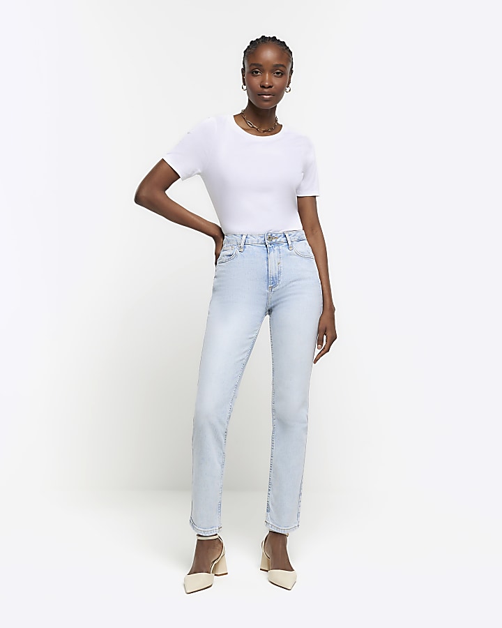 Blue high waisted slim fit straight jean