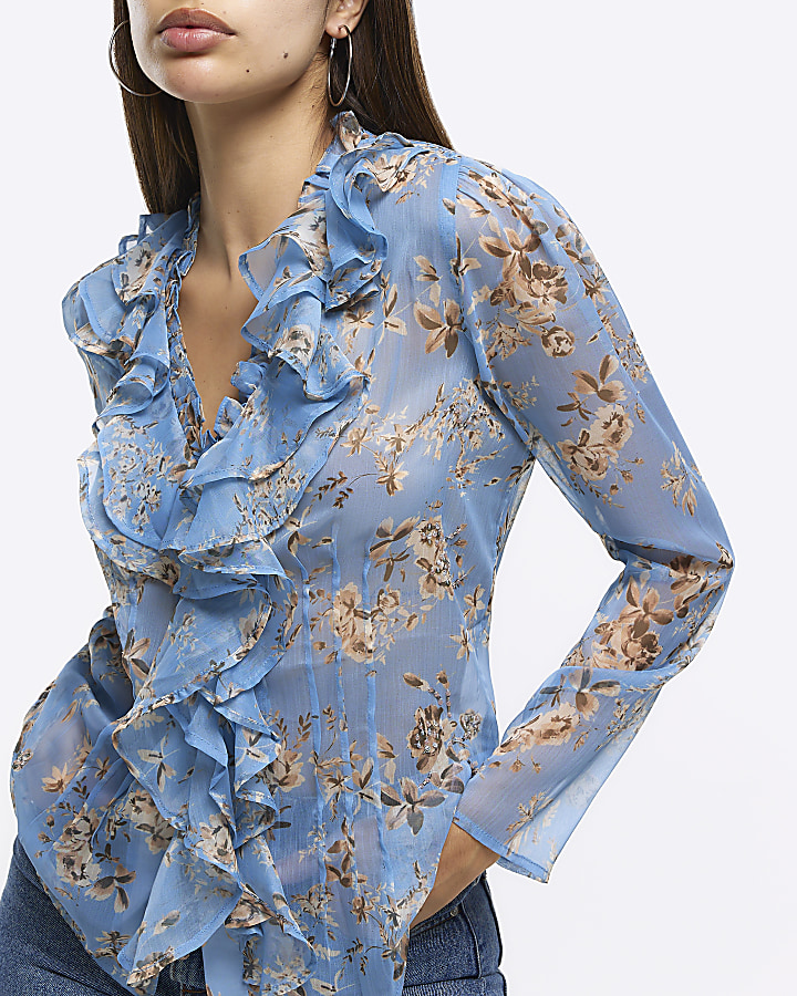 Blue floral frill blouse
