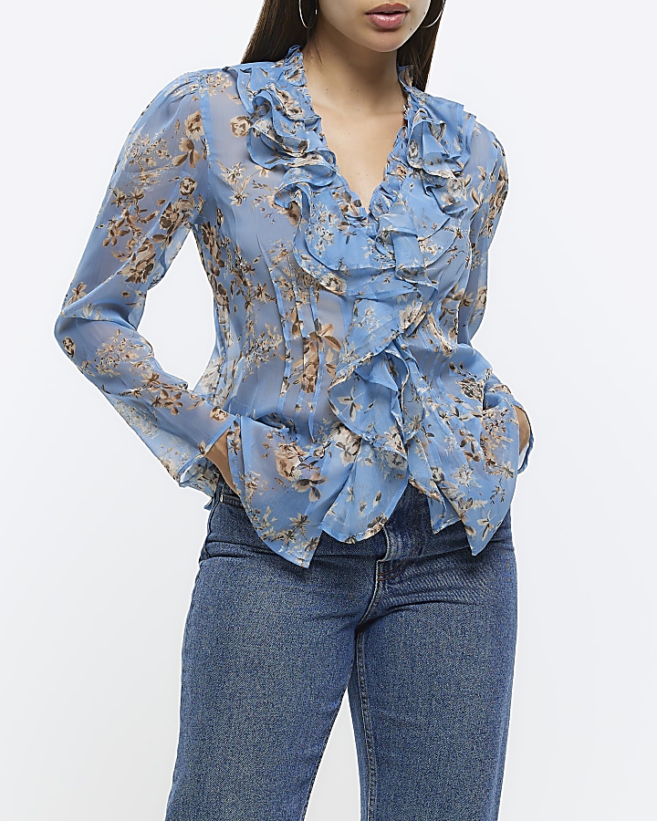 Blue floral bardot online frill blouse