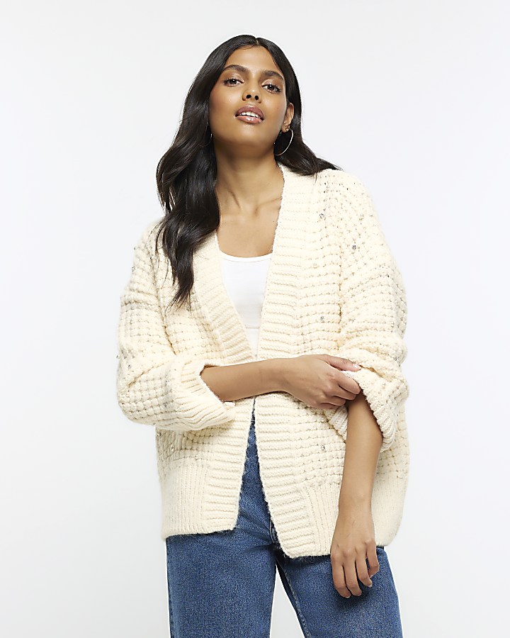 Long cream knitted clearance cardigan