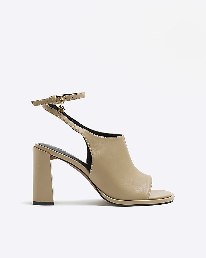 Beige open toe block heeled shoes | River Island