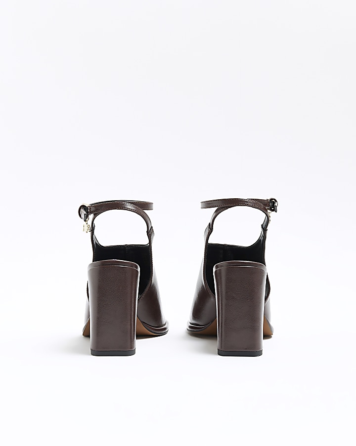 Brown open toe block heeled shoes