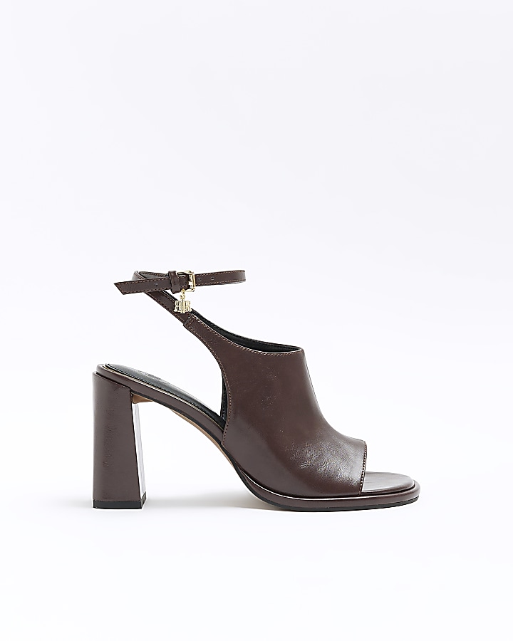 Brown open toe block heeled shoes | River Island