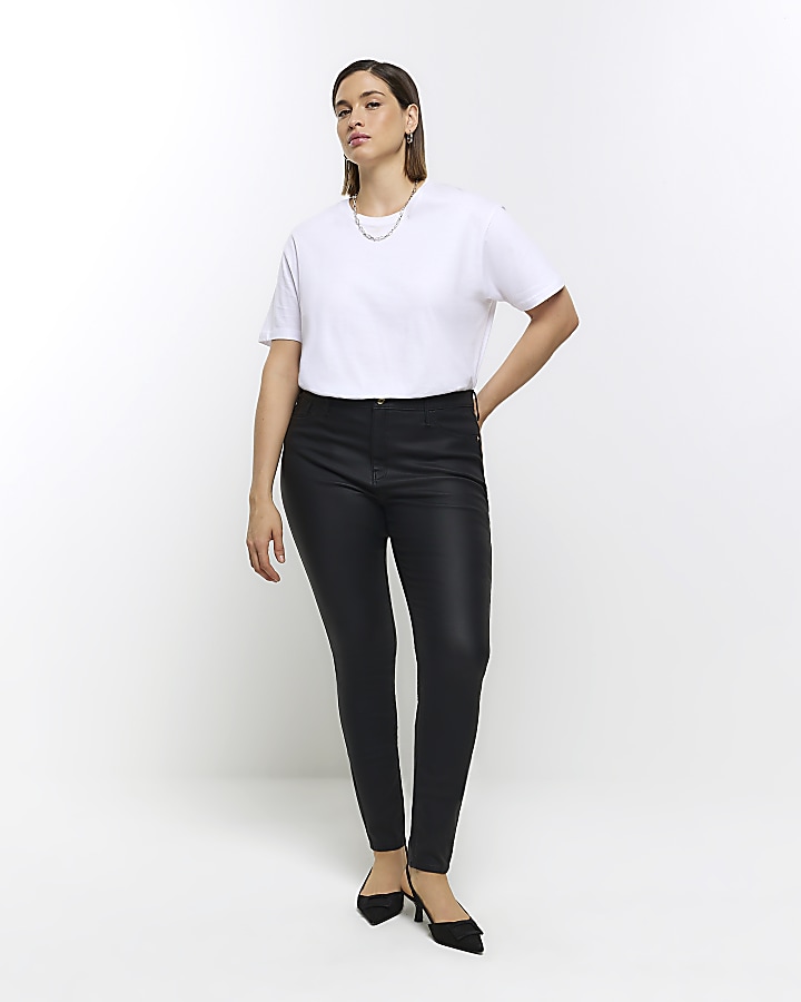 Plus black skinny fit coated jeans