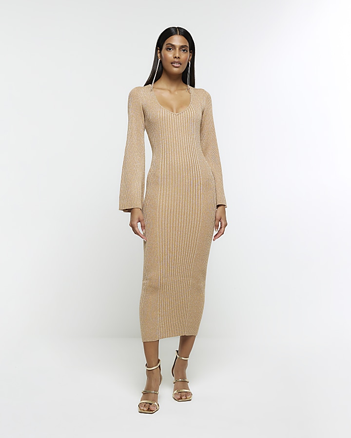 Gold long sleeve outlet midi dress