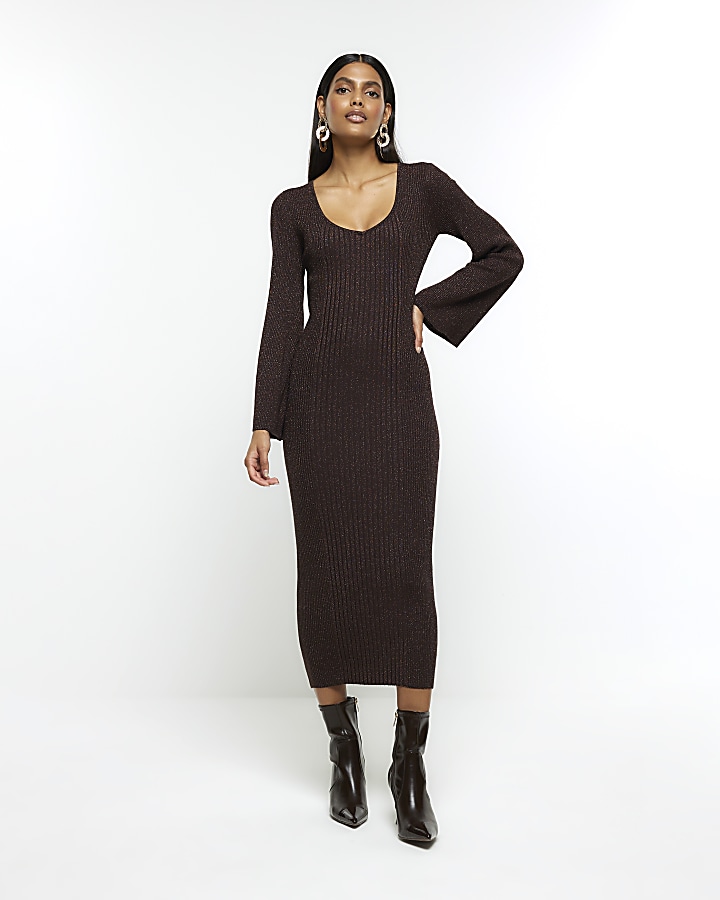 Brown long sleeve jumper midi dress