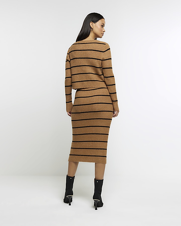 Brown knit stripe bodycon midi dress set
