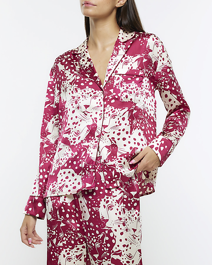 Pink satin animal print pyjama shirt