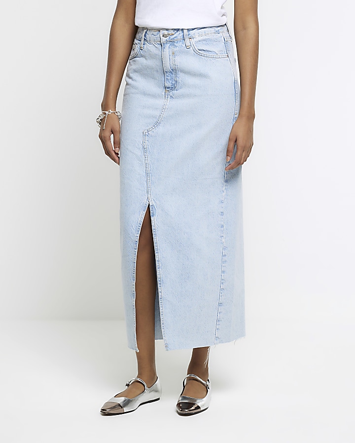 Blue denim high waisted maxi skirt