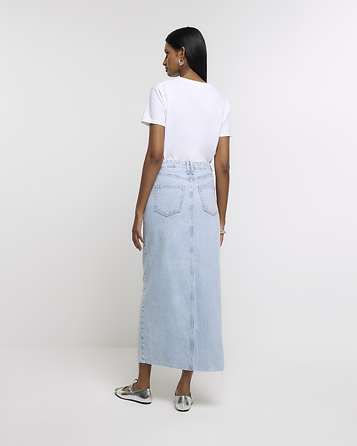 Blue denim high waisted maxi skirt