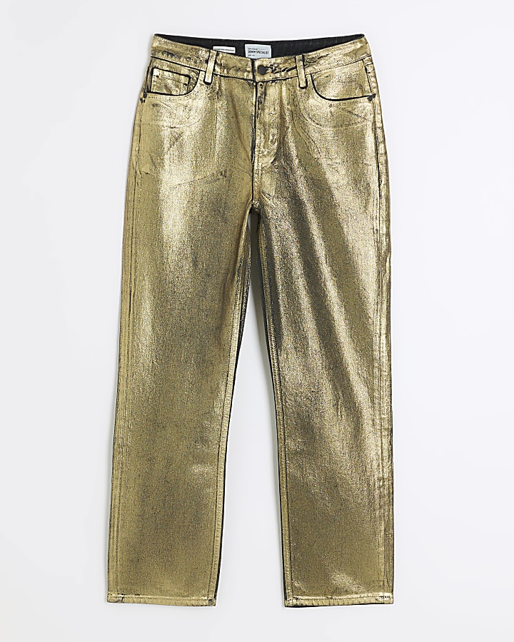 Gold relaxed straight coated jeans | River Island