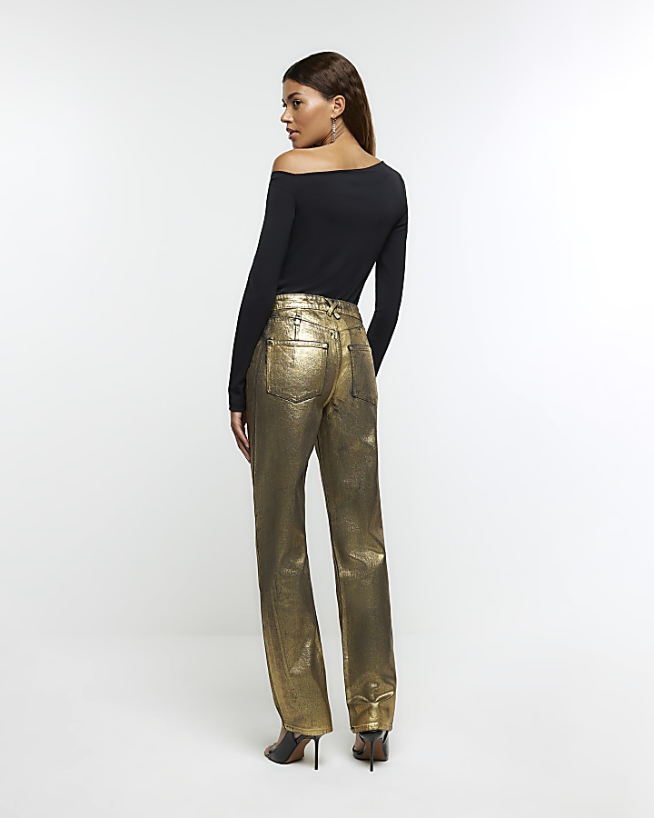 Gold relaxed straight coated jeans