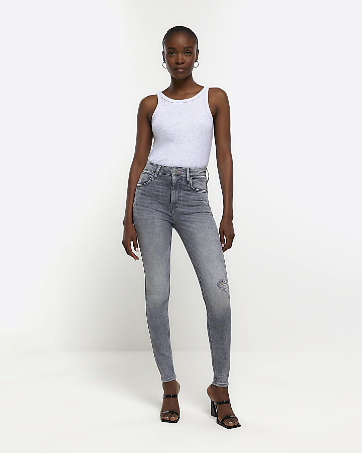 Grey ripped high waisted super skinny jeans