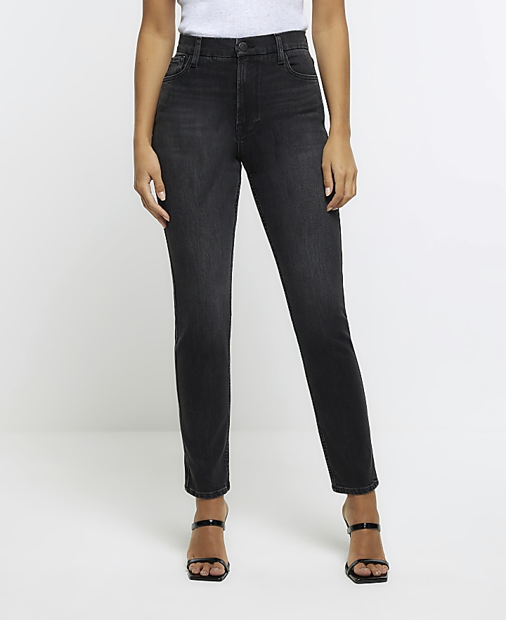 Black high waisted stove pipe straight jeans | River Island