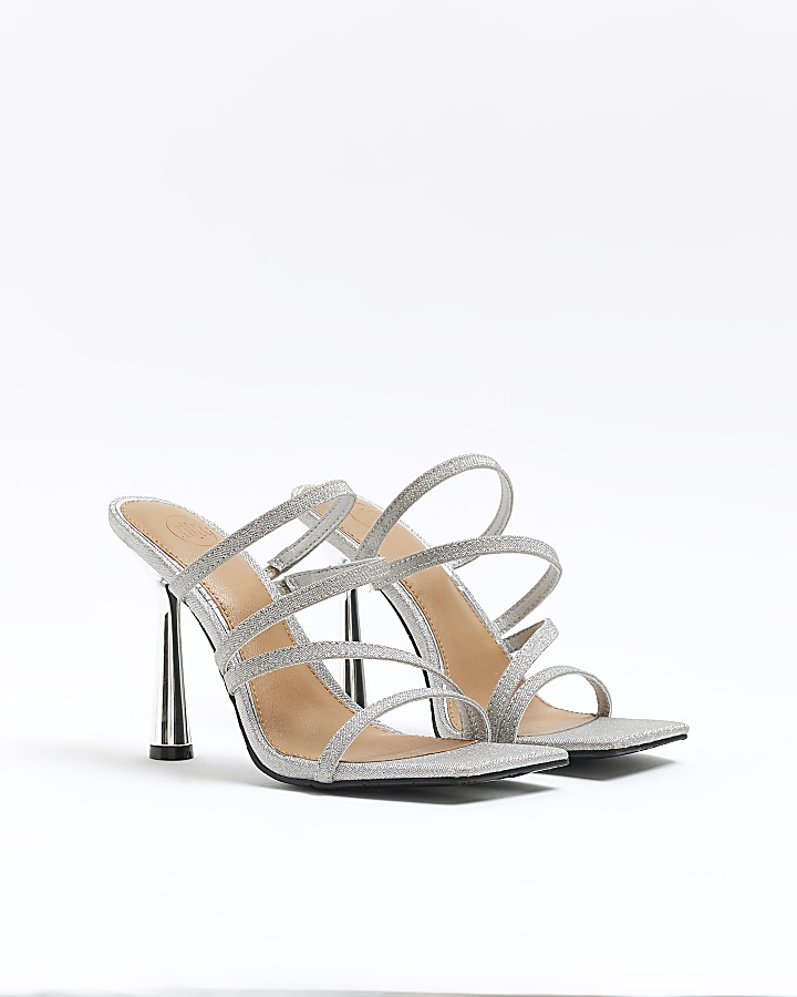 Silver wide fit glittered heeled mule sandals