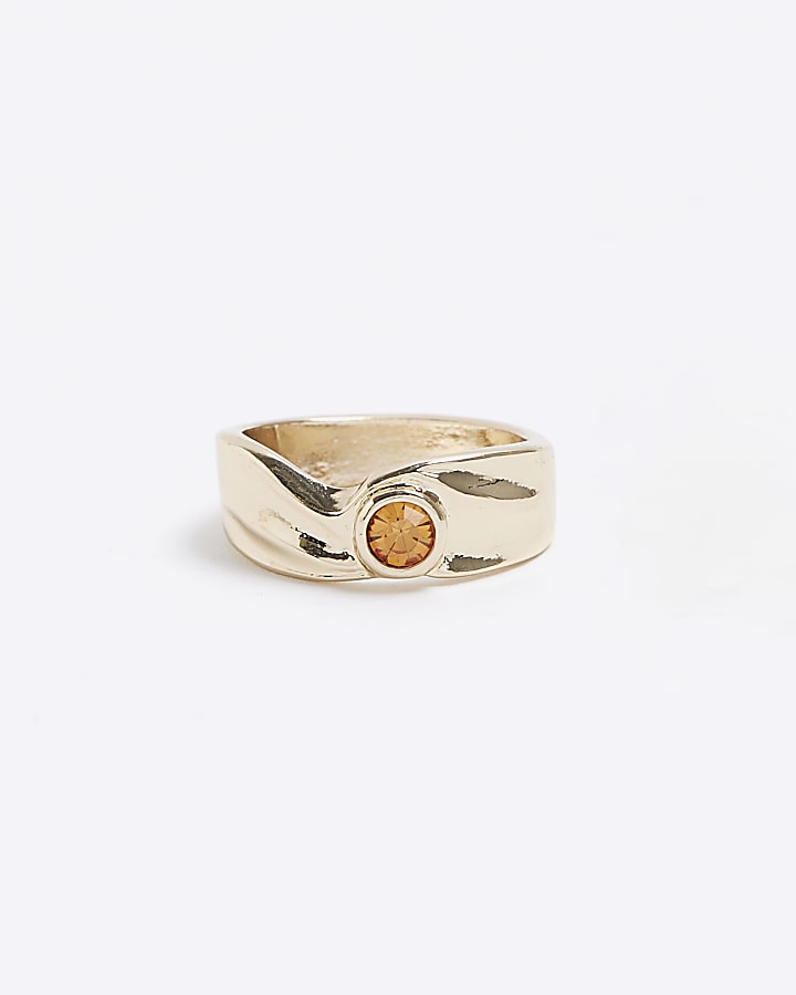 Gold amber stone band ring