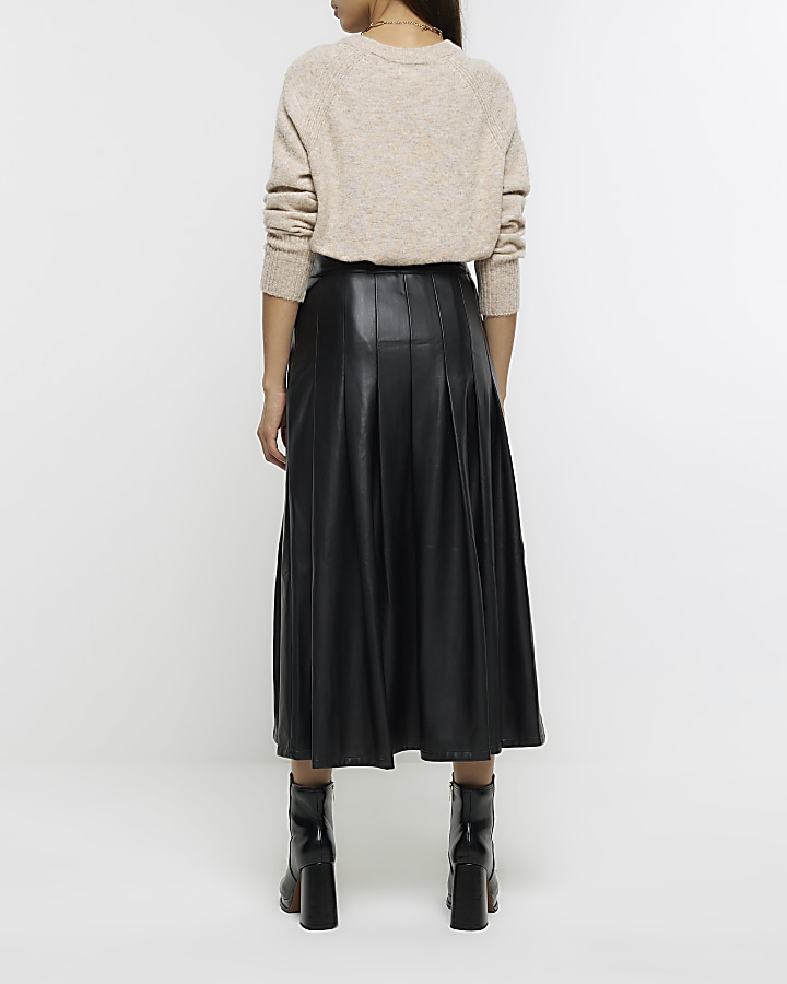 Black faux leather pleated midi skirt