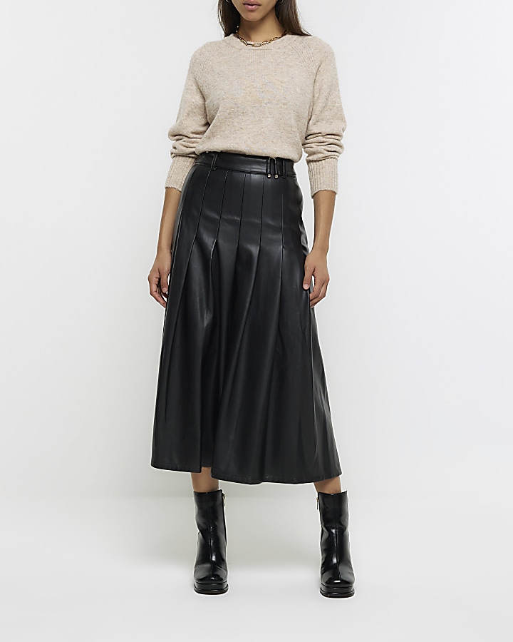 Black faux leather pleated midi skirt