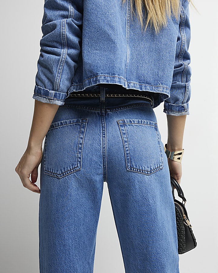 Blue high waisted relaxed straight leg jeans | River Island