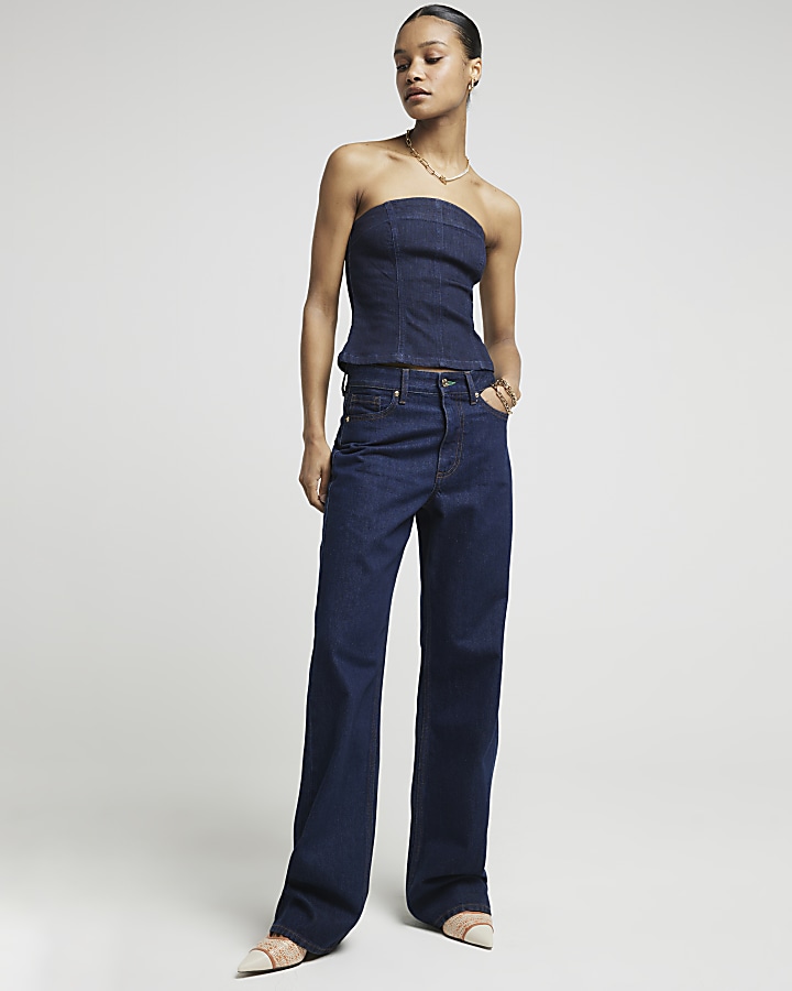 Blue high waisted relaxed straight leg jeans