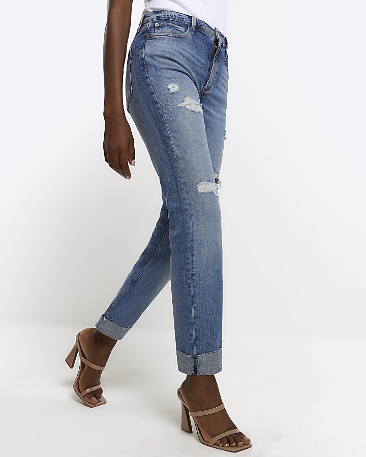 Blue ripped high waisted slim jeans | River Island