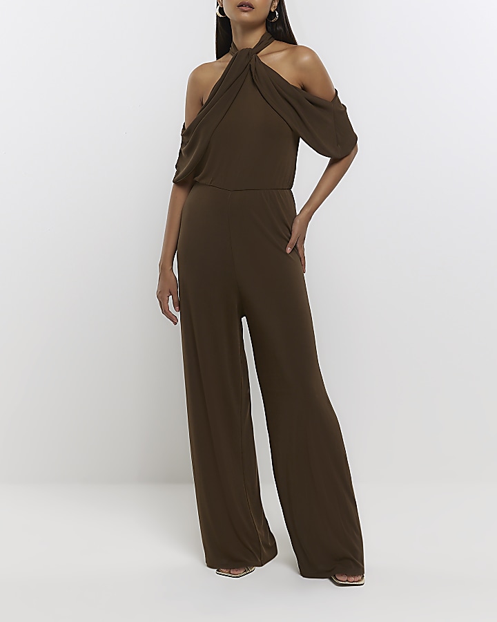 Khaki cold shoulder halter neck jumpsuit