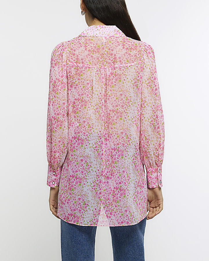 Pink floral chiffon longline shirt