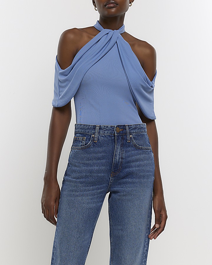 Blue drape halter neck top