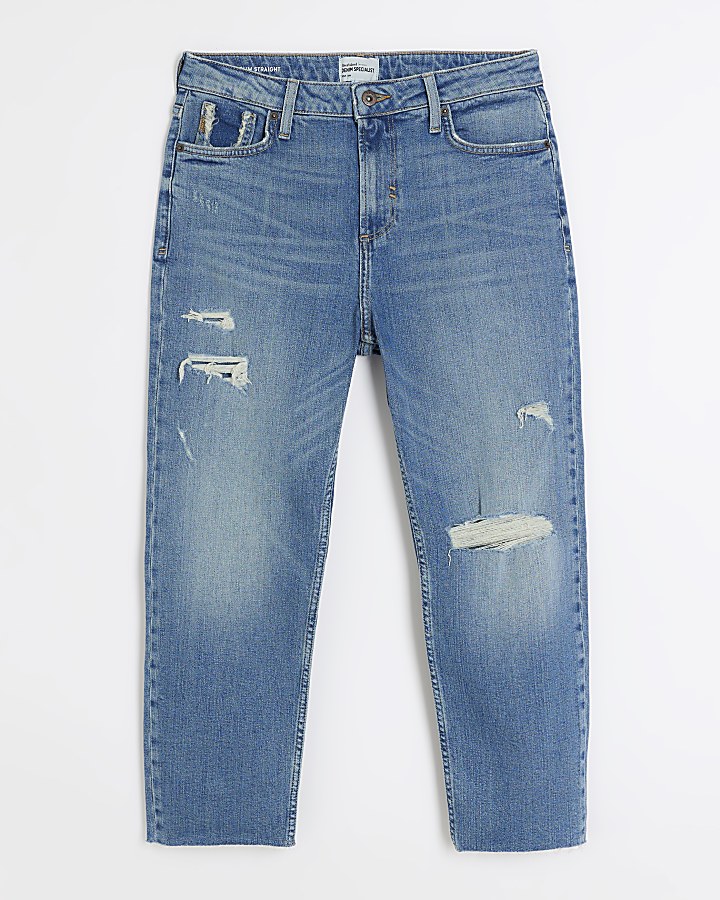 Petite blue slim straight ripped jeans