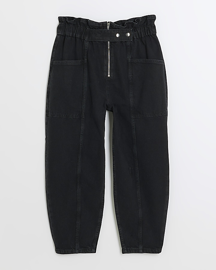 Petite black paperbag belted jeans