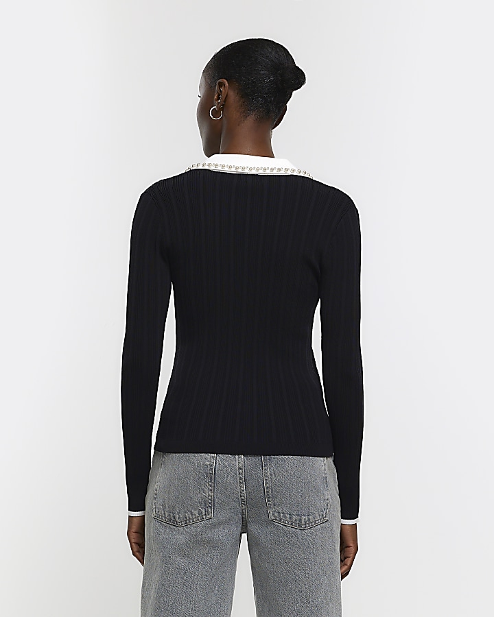 Black knitted pearl collar jumper
