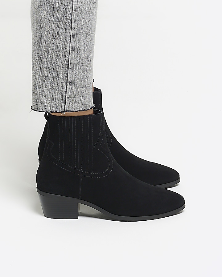 Black suede western ankle boots