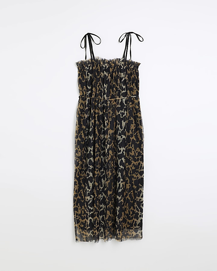 Black plisse leopard print smock midi dress