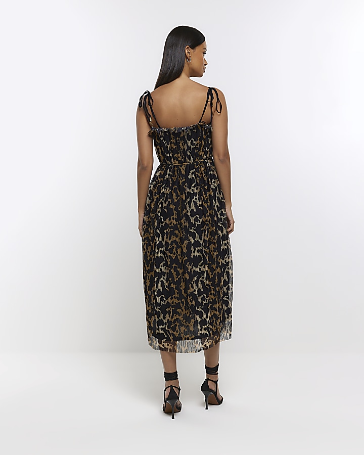 Black plisse leopard print smock midi dress