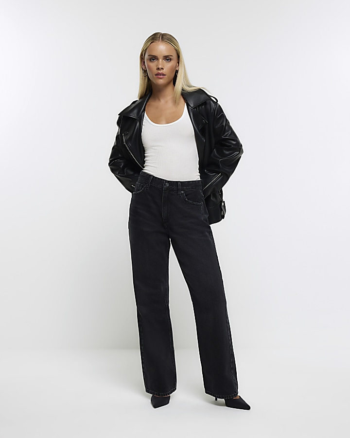 Petite black high waisted straight leg jeans | River Island