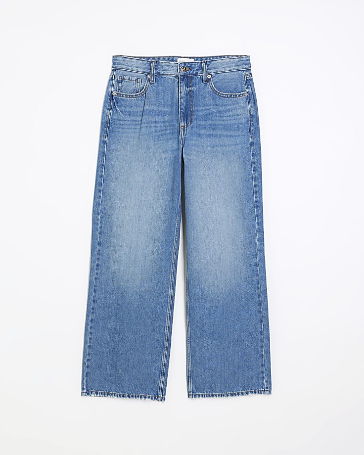 Petite blue high waisted straight leg jeans | River Island